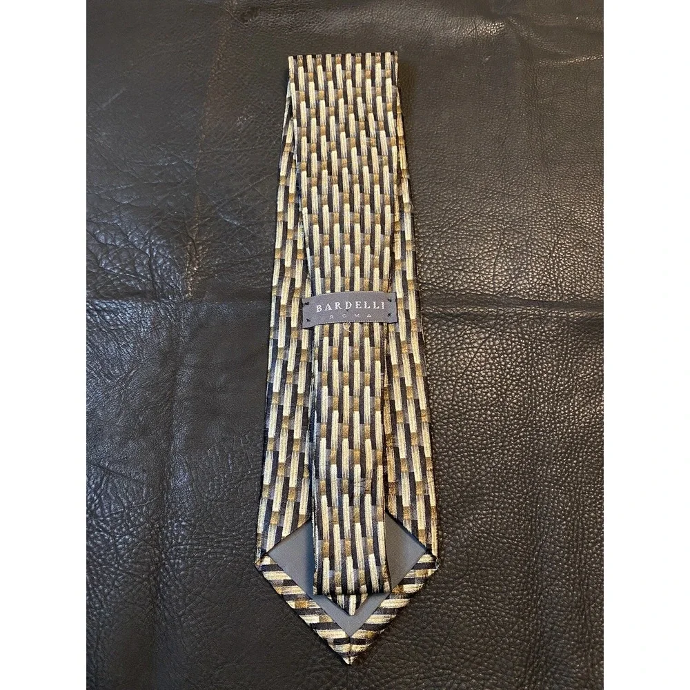 Bardelli Roma Mens Necktie Black Tan Geometric 100% Silk Made In Italy Classic